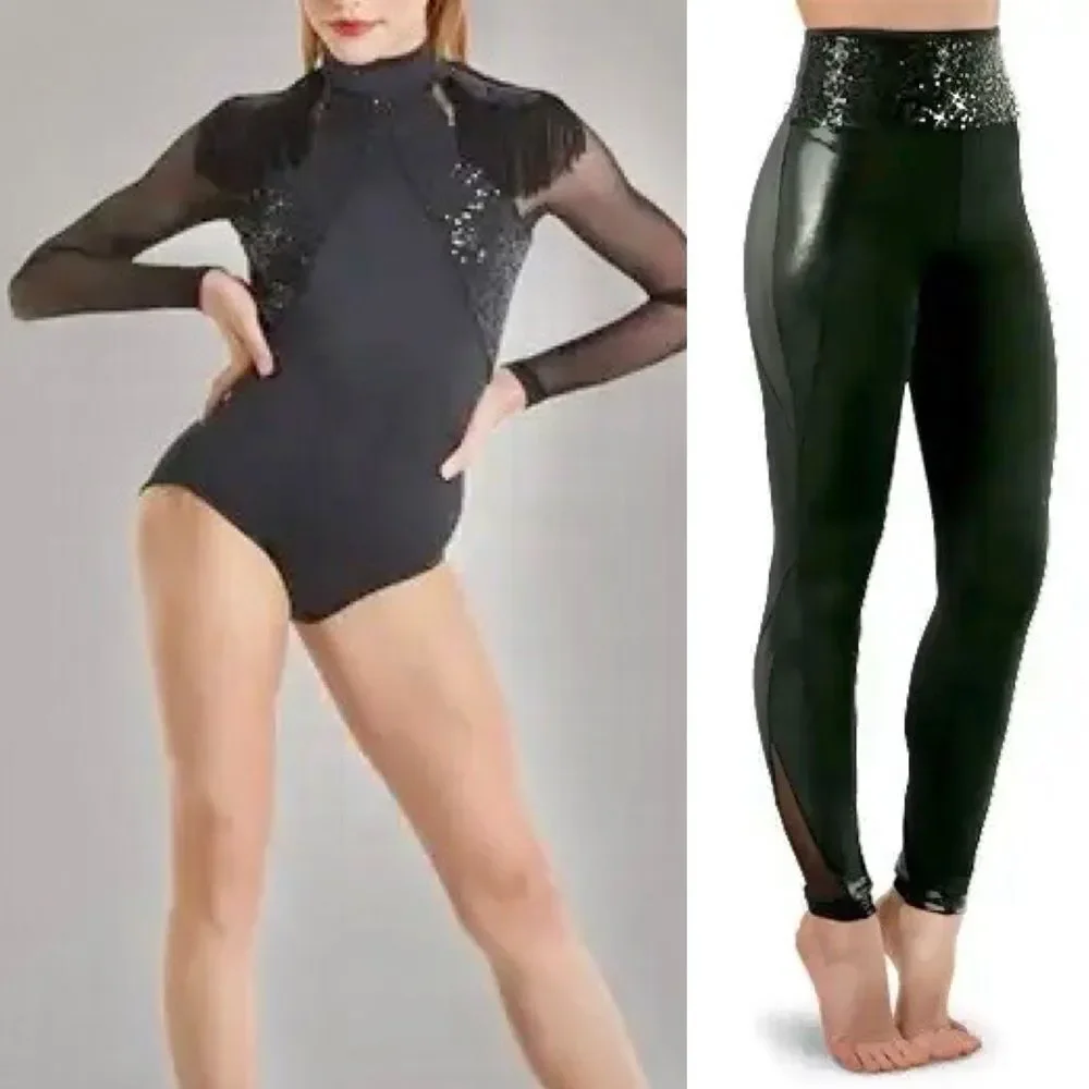 Weissman Dance costume black sequin Fringe Shoulder Leotard pants MT11429 SA